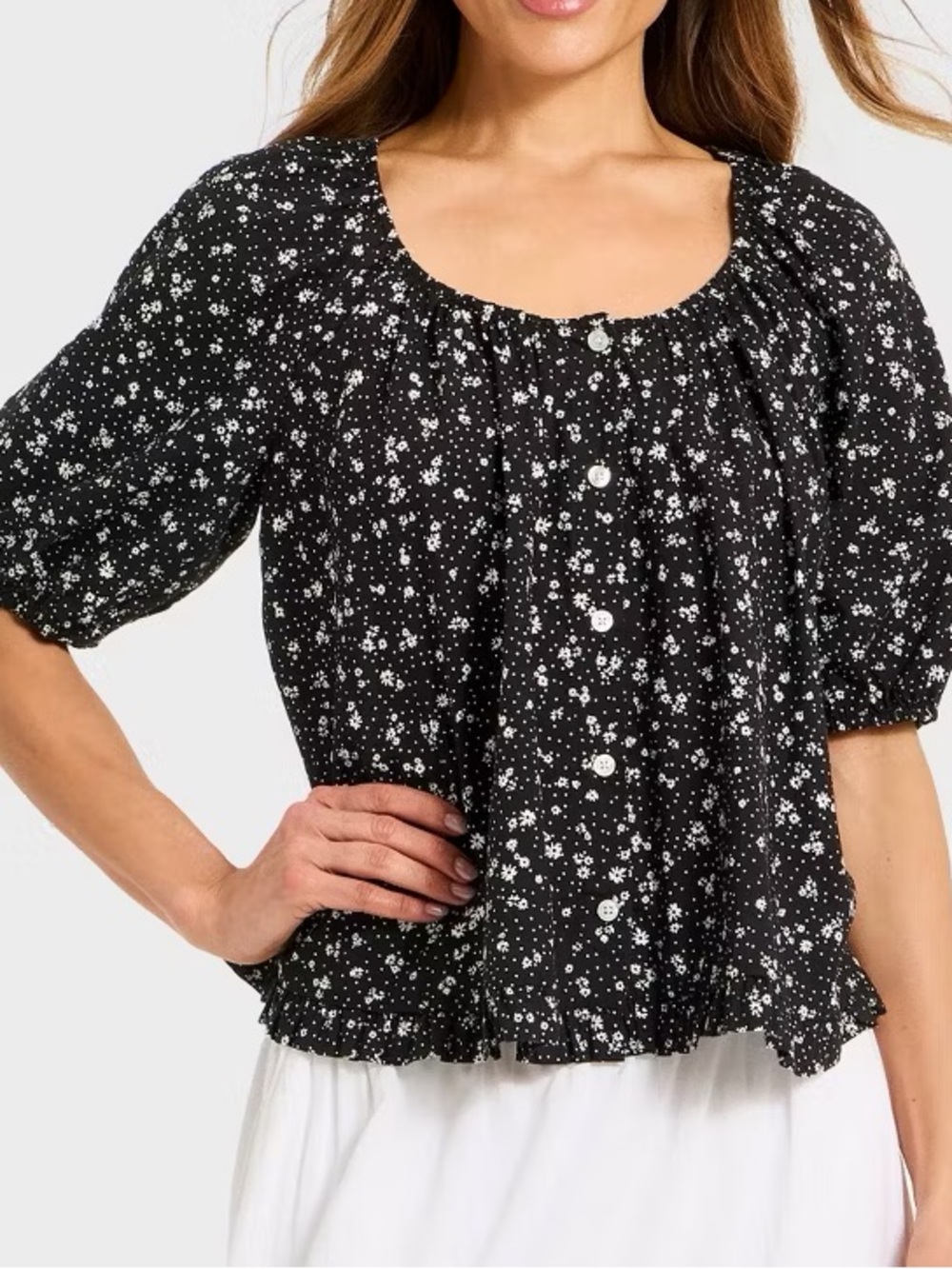 Universal Thread Black Floral Puff-Sleeve Button Blouse medium peasant minimalis